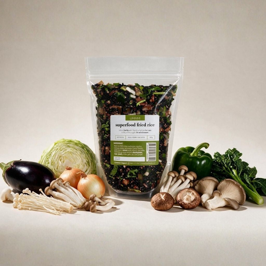Superfood fried rice pouch surrounded by its raw ingredients: eggplant, cabbage, onions, enoki and shiitake mushrooms, green pepper and Chinese broccoli