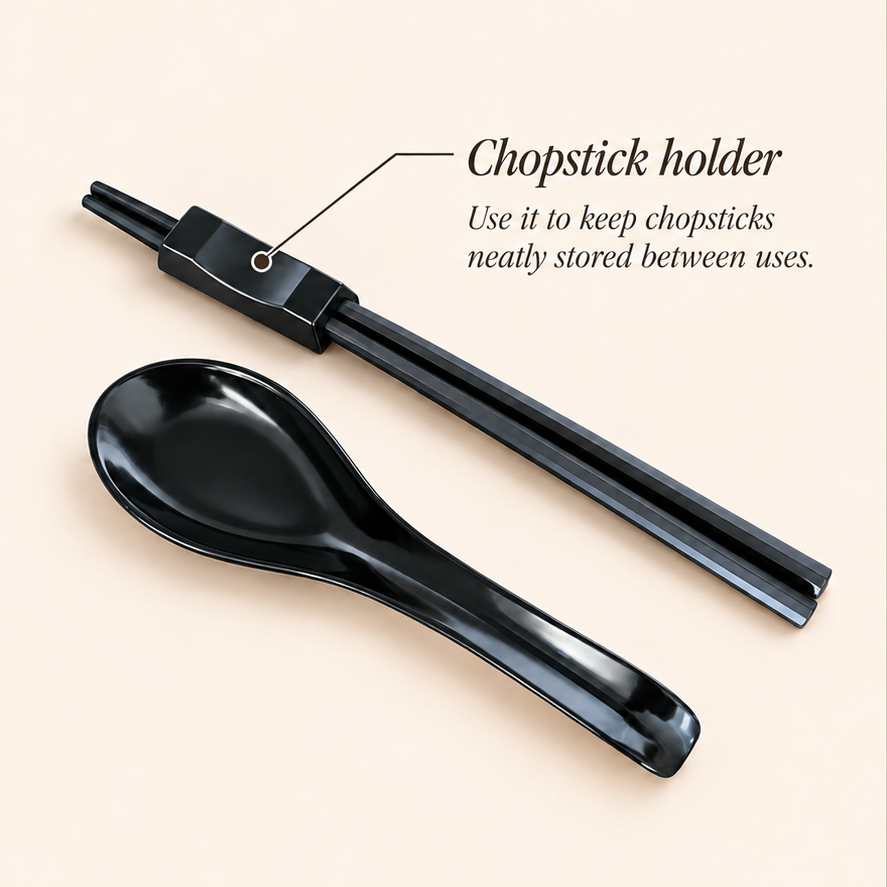 Black chopsticks slotted through the rest as a holder, beside a black Asian soup spoon