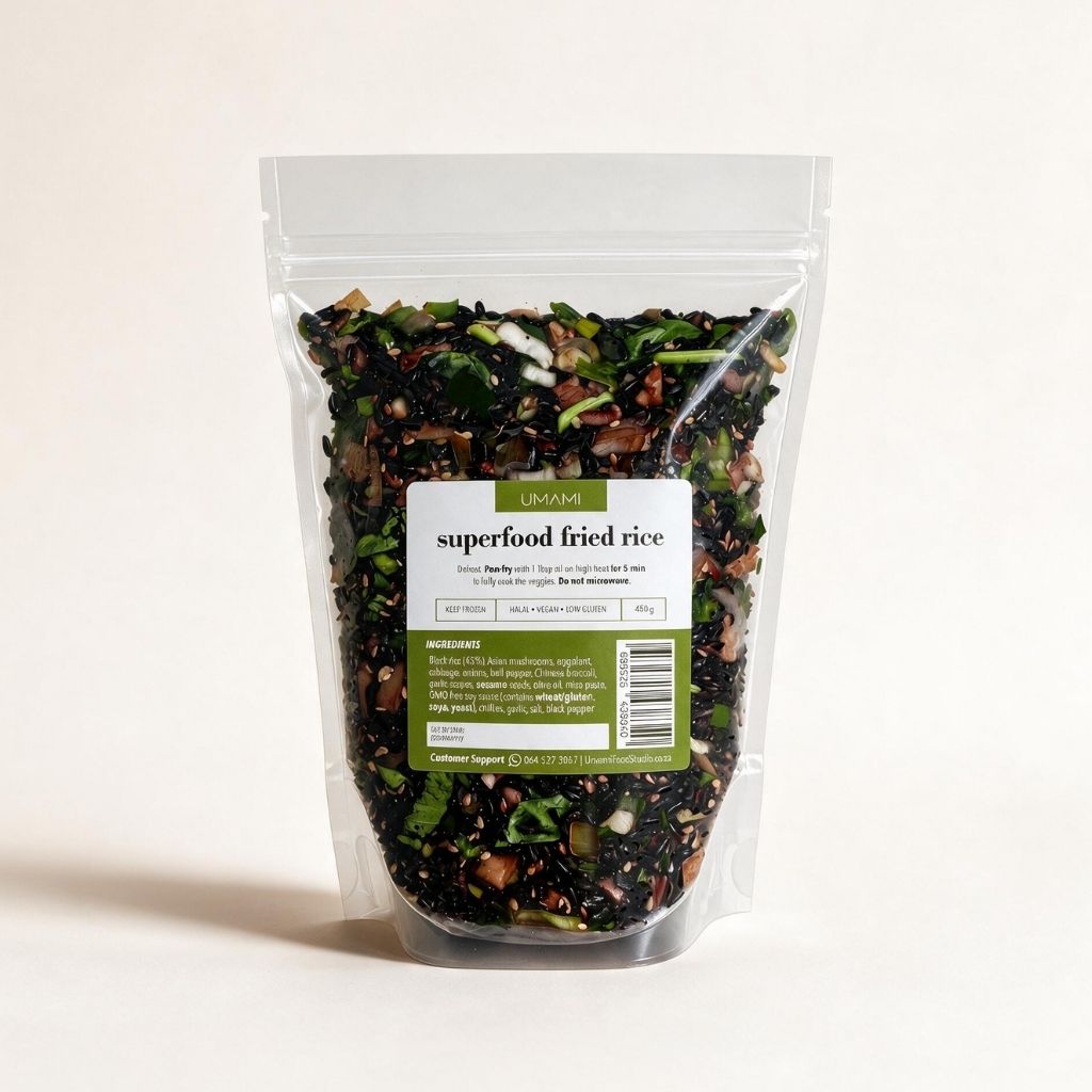Umami Superfood Fried Rice 450g frozen pouch, black rice packed with Asian mushrooms and green vegetables
