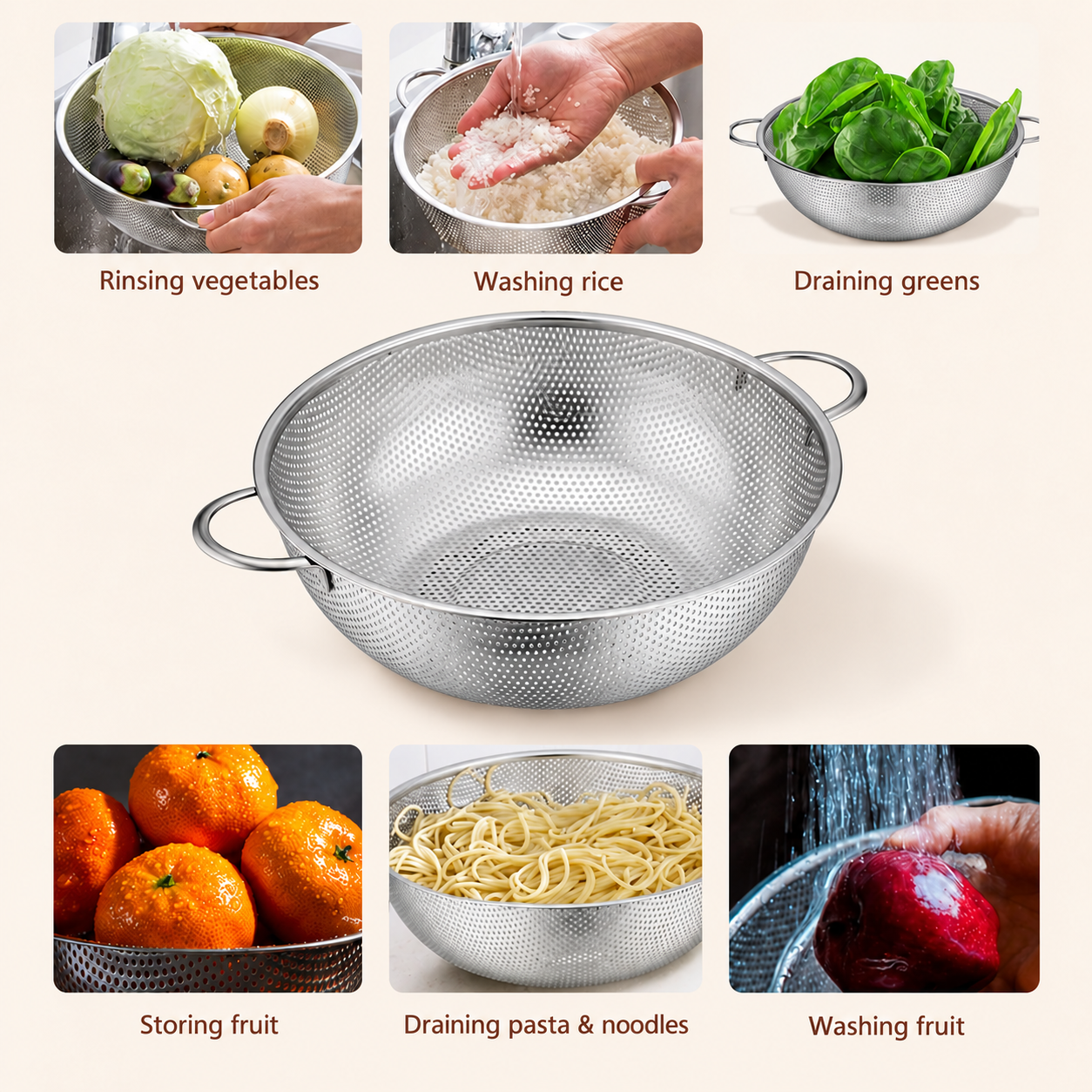Stainless steel strainer uses: rinsing vegetables, washing rice, draining greens, storing fruit, draining pasta and noodles, washing fruit