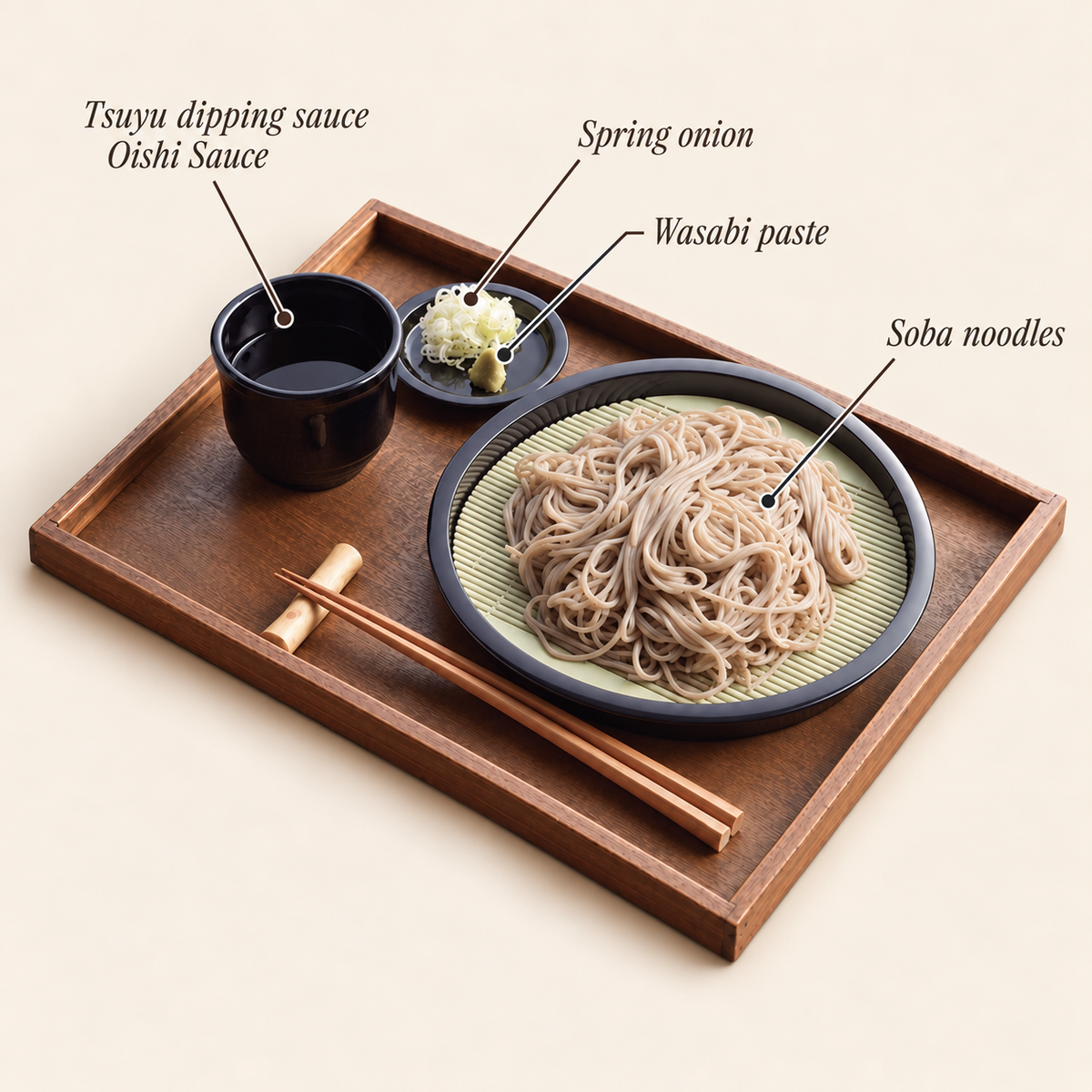 How to serve zaru soba: soba noodles on the drain mat, Oishi Sauce for dipping, spring onion and wasabi