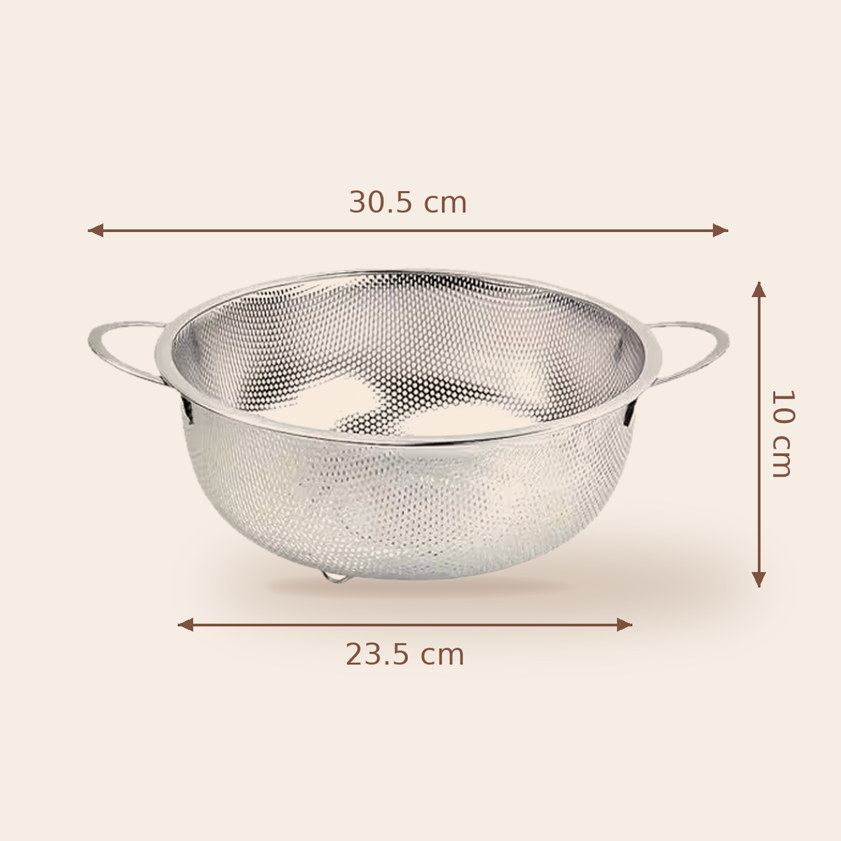 Strainer size guide: 30.5 cm wide with handles, 23.5 cm across, 10 cm high