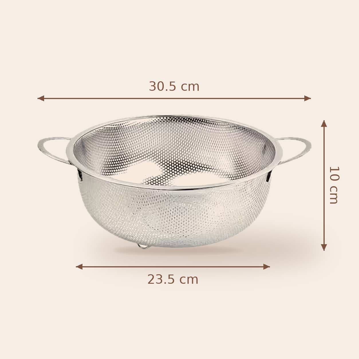 Strainer size guide: 30.5 cm wide with handles, 23.5 cm across, 10 cm high