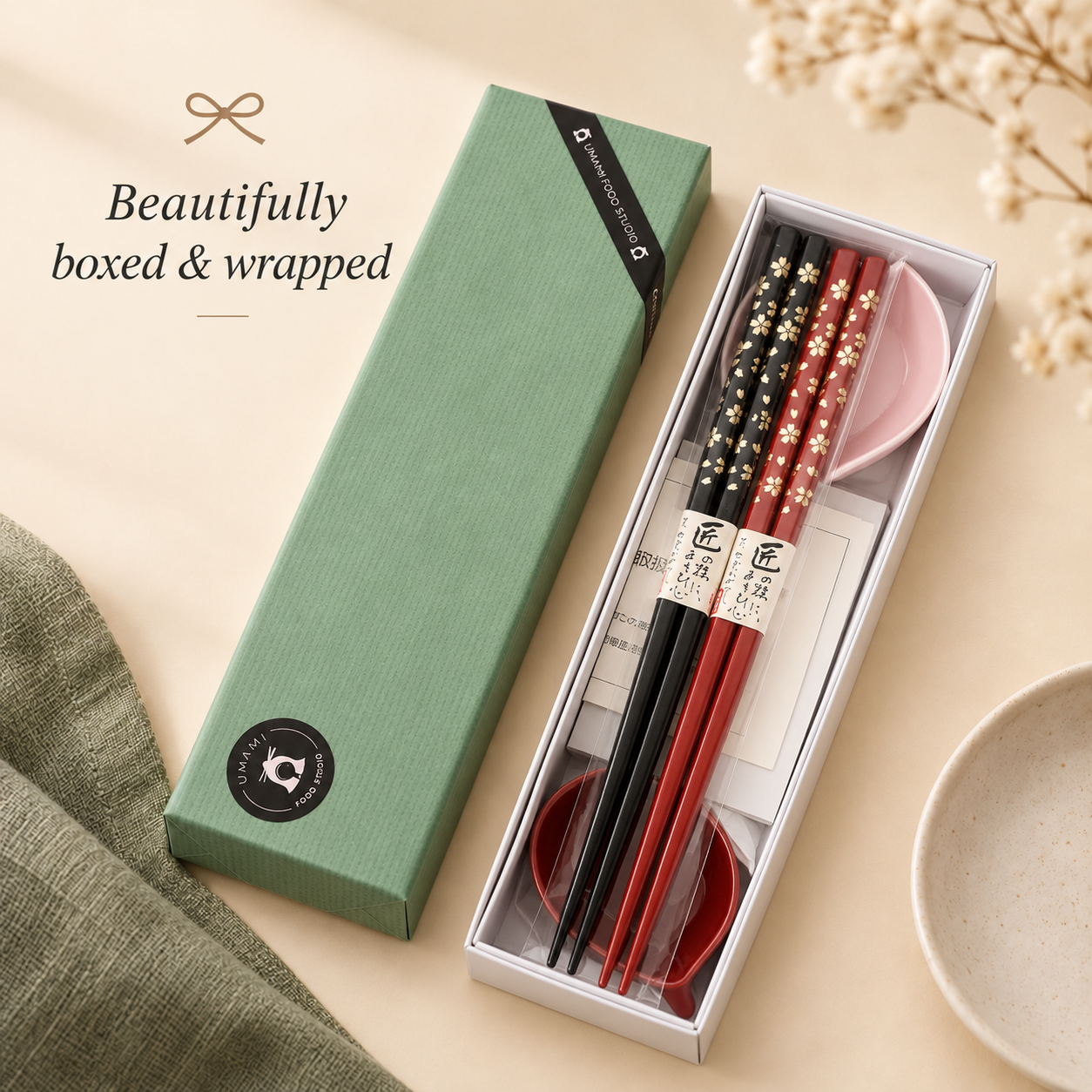 Japanese couple chopsticks gift set in a green gift box, wrapped and ready to give