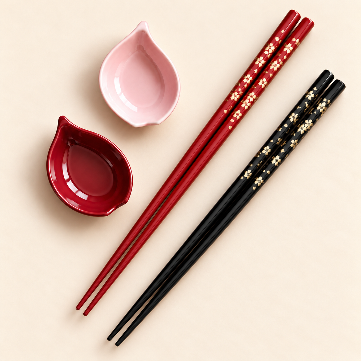 Black and red cherry blossom chopsticks with red and pink petal sauce bowls