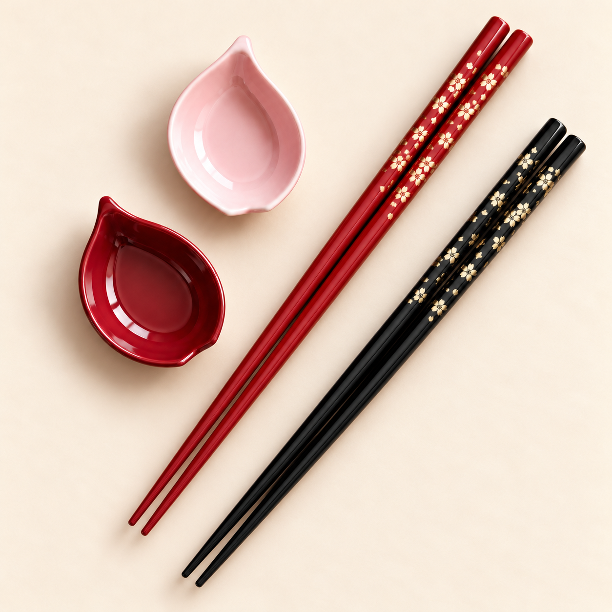 Black and red cherry blossom chopsticks with red and pink petal sauce bowls