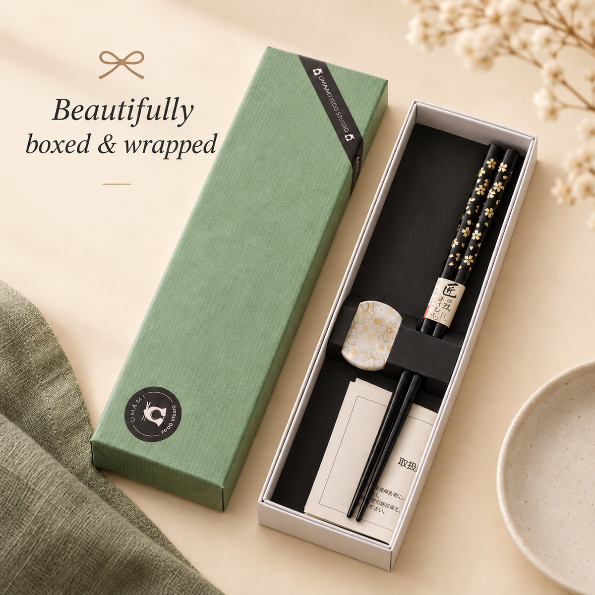 Japanese chopsticks gift set in a green gift box, ready to give