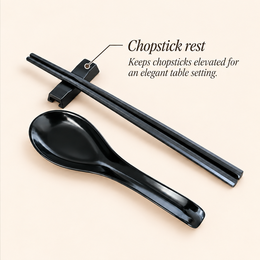 Black non-slip Japanese chopsticks on a matching rest, with a black Asian soup spoon