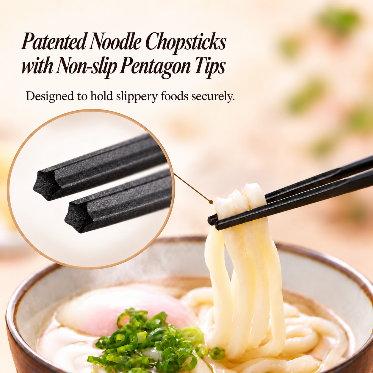 Black non-slip Japanese chopsticks on a matching rest, with a black Asian soup spoon