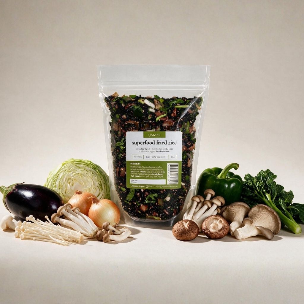 Superfood fried rice pouch surrounded by its raw ingredients: eggplant, cabbage, onions, enoki and shiitake mushrooms, green pepper and Chinese broccoli