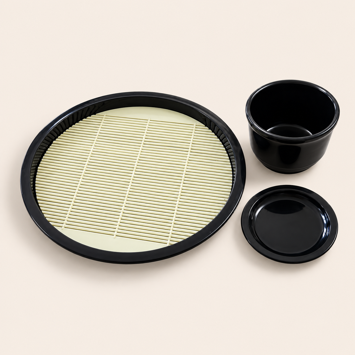 Soba set for one, made in Japan: soba plate with drain mat, dipping cup and condiment dish